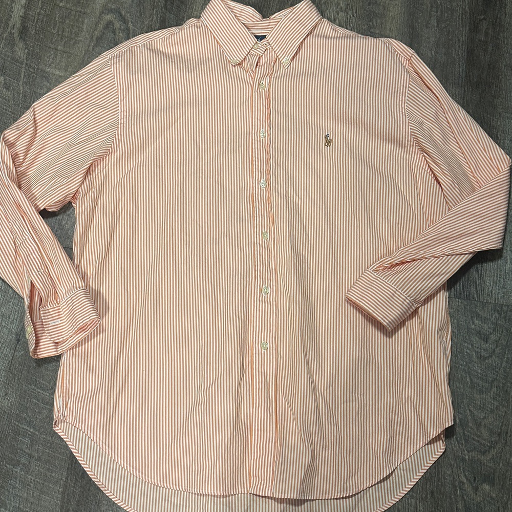 Ralph Lauren Classic Fit Orange White Striped Dress Shirt 17 1/2 32/33 Cotton